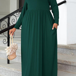 Plus Size Round Neck Long Sleeve Maxi Dress with Pockets-Pimamour