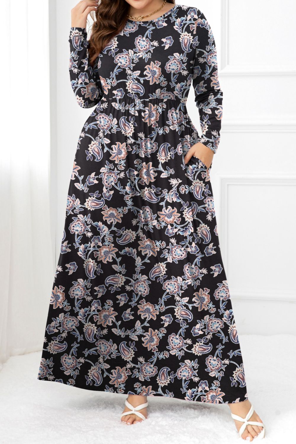 Plus Size Round Neck Long Sleeve Maxi Dress with Pockets-Pimamour