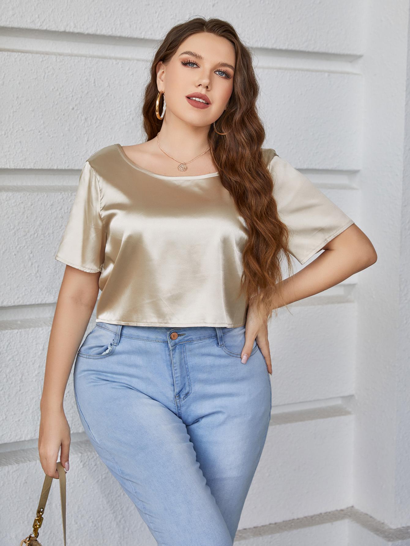 Plus Size Short Sleeve Tie Back Blouse-Pimamour