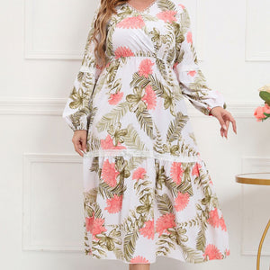 Plus Size Spliced Lace Surplice Balloon Sleeve Maxi Dress-Pimamour