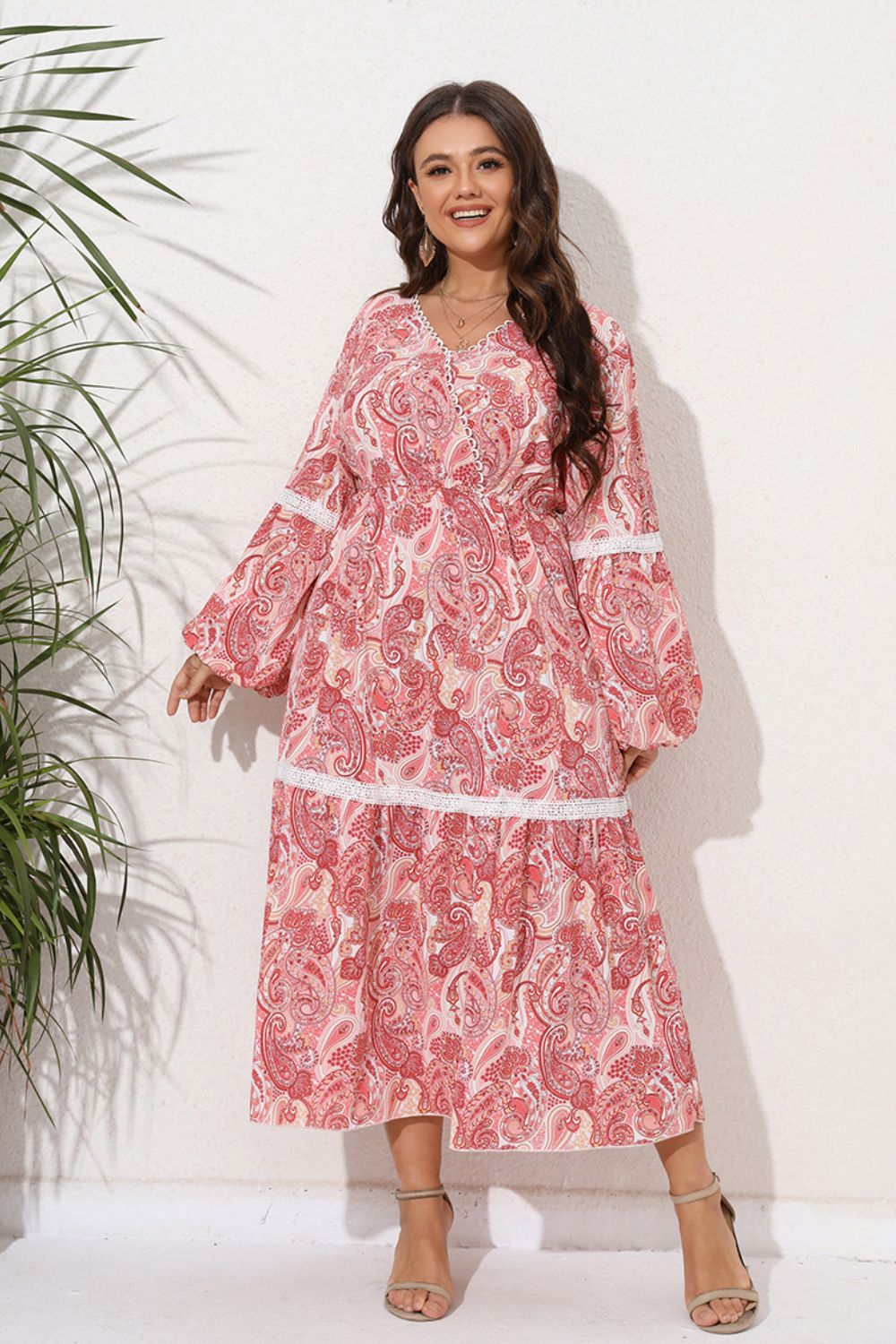 Plus Size Spliced Lace Surplice Balloon Sleeve Maxi Dress-Pimamour