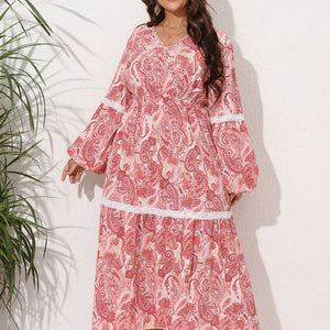 Plus Size Spliced Lace Surplice Balloon Sleeve Maxi Dress-Pimamour