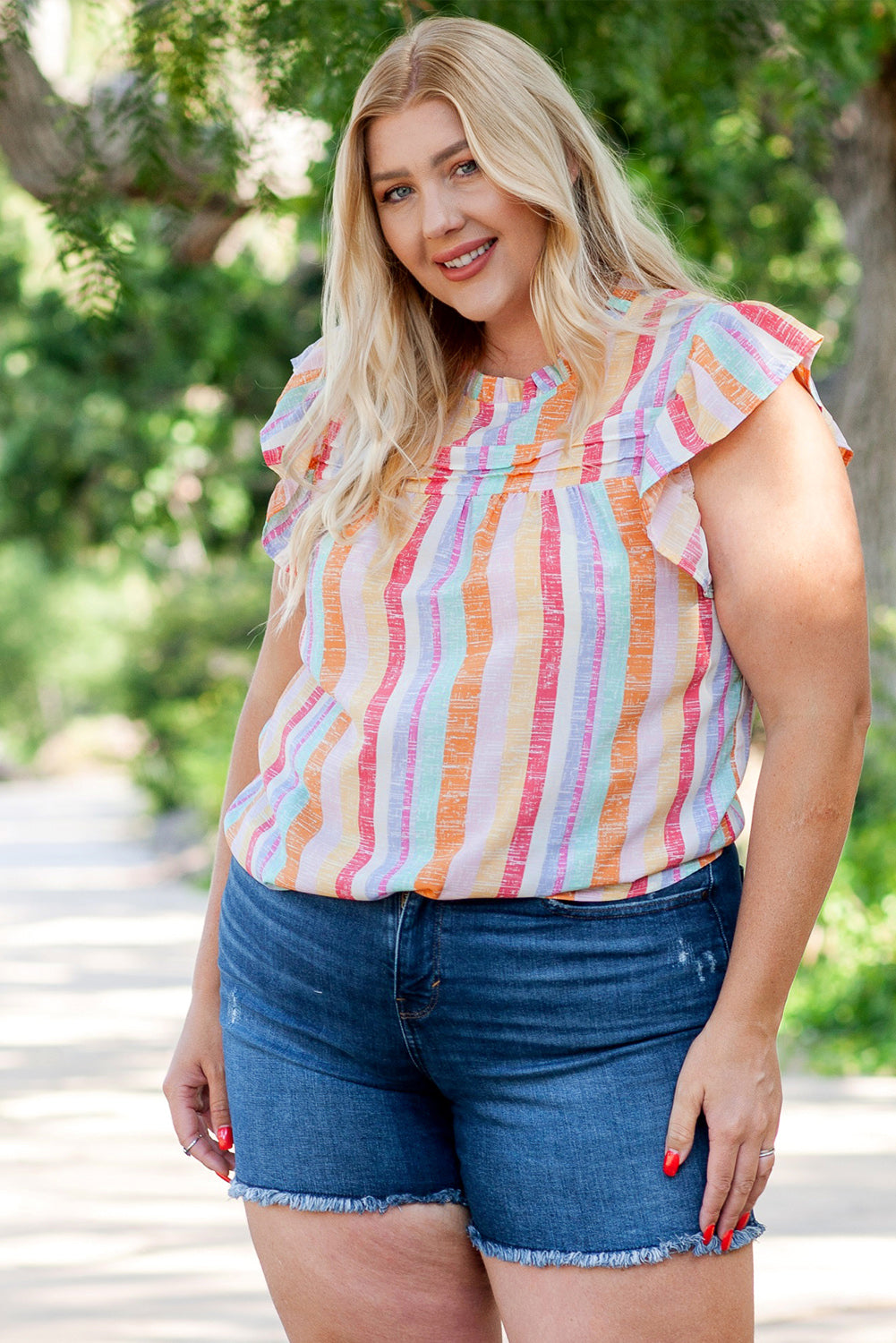 Plus Size Striped Round Neck Flutter Sleeve Blouse-Pimamour