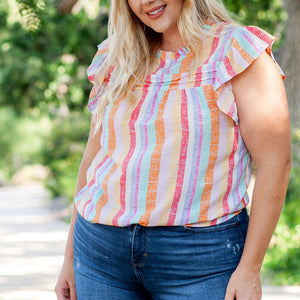 Plus Size Striped Round Neck Flutter Sleeve Blouse-Pimamour