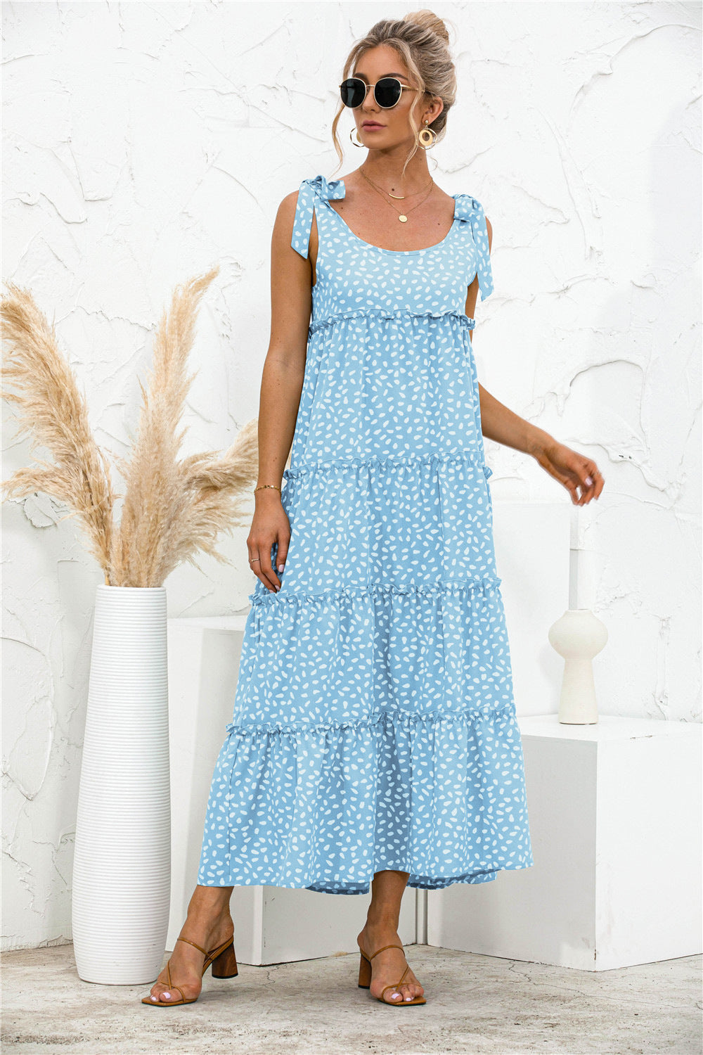 Polka Dot Adjustable Straps Tiered Dress-Pimamour