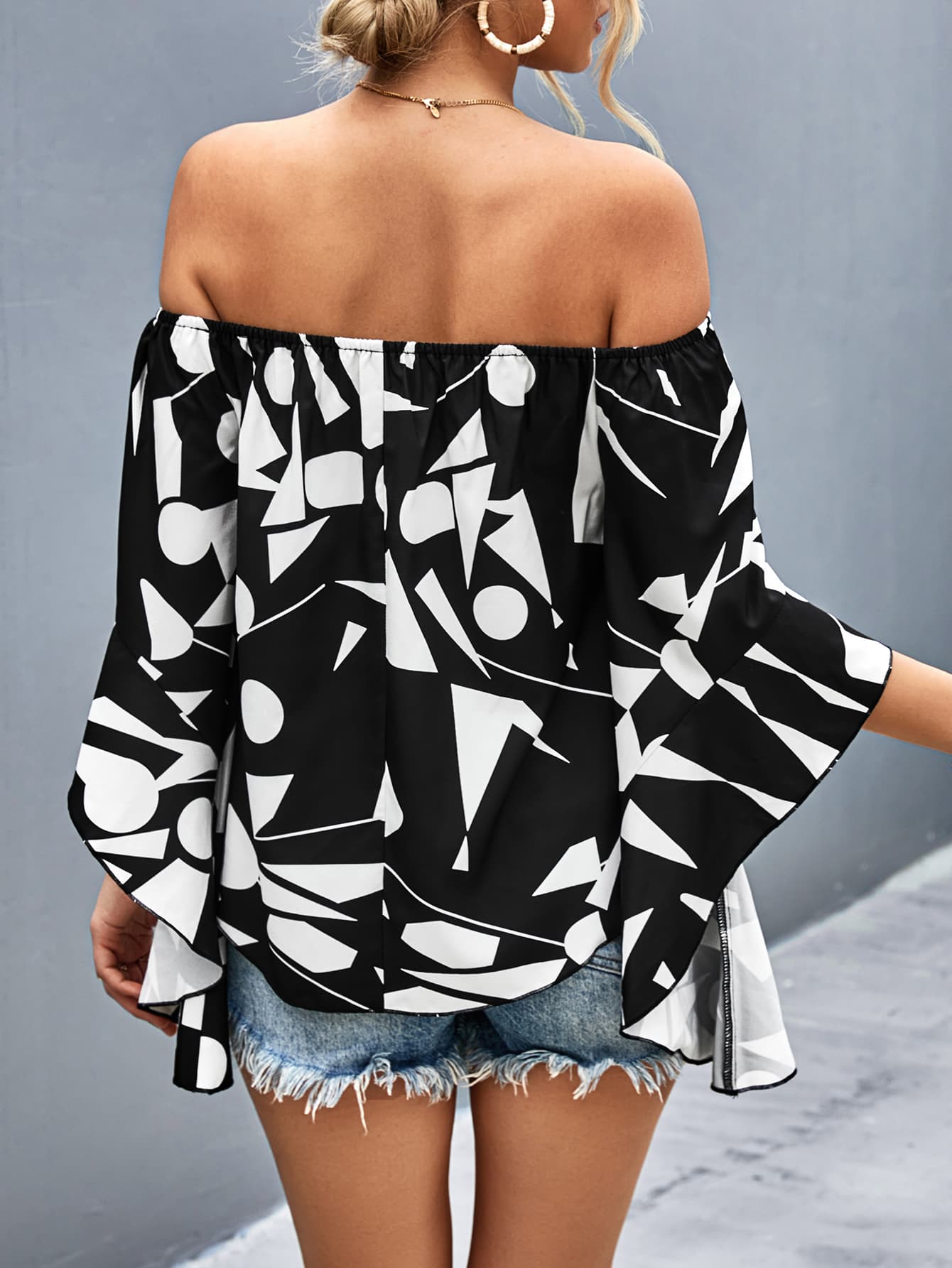 Printed Off-Shoulder Bell Sleeve Blouse-Pimamour