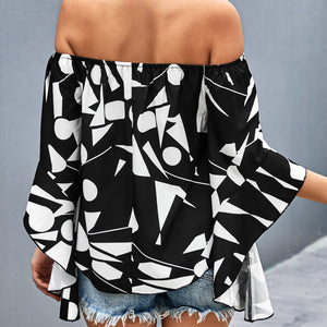 Printed Off-Shoulder Bell Sleeve Blouse-Pimamour