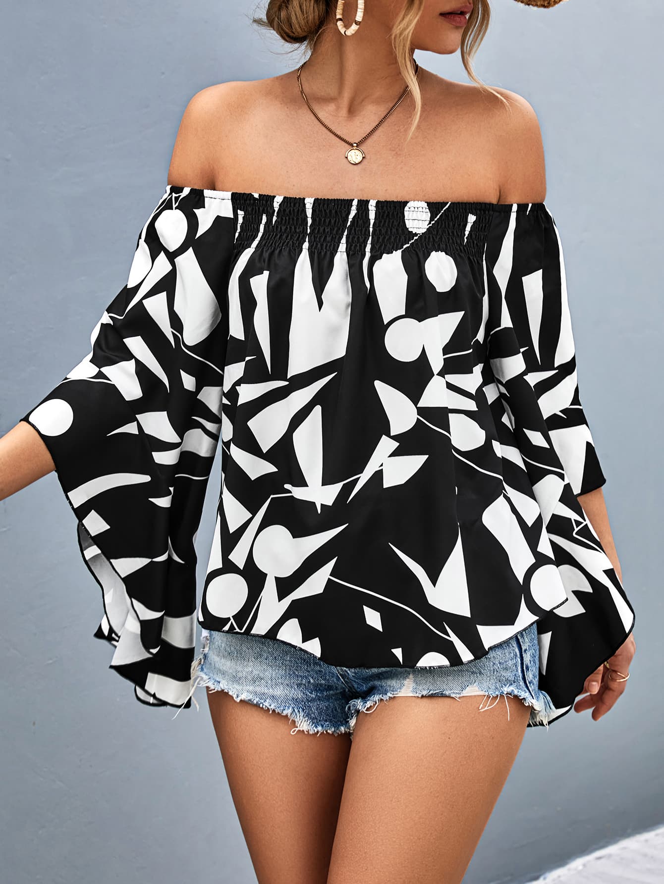 Printed Off-Shoulder Bell Sleeve Blouse-Pimamour