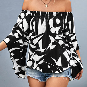 Printed Off-Shoulder Bell Sleeve Blouse-Pimamour