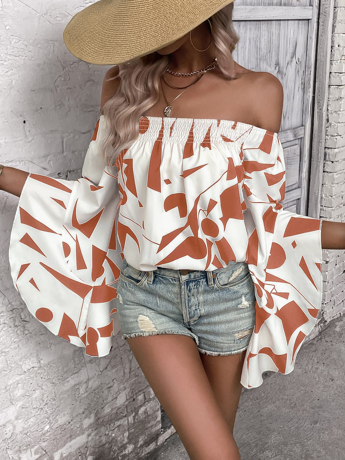 Printed Off-Shoulder Bell Sleeve Blouse-Pimamour