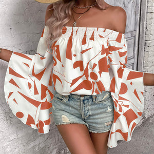 Printed Off-Shoulder Bell Sleeve Blouse-Pimamour