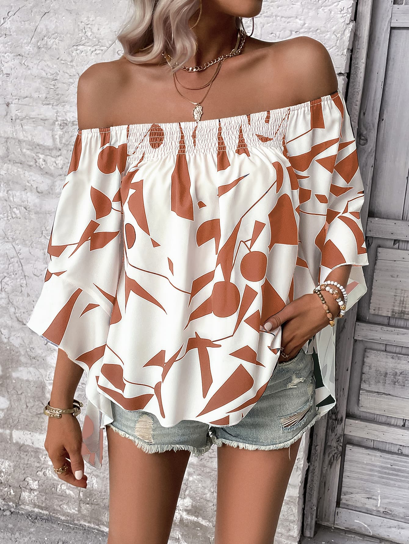 Printed Off-Shoulder Bell Sleeve Blouse-Pimamour