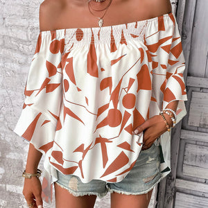 Printed Off-Shoulder Bell Sleeve Blouse-Pimamour