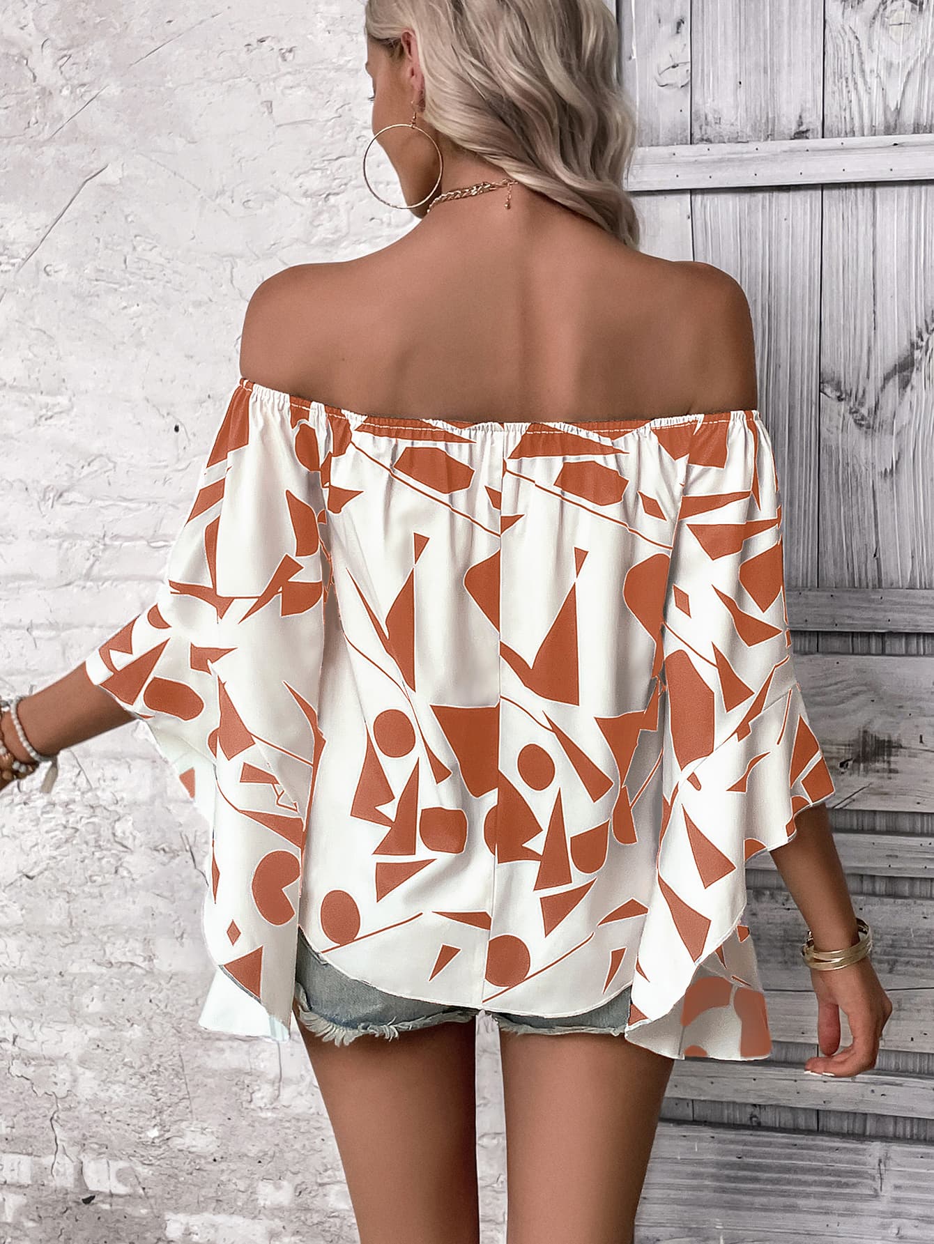 Printed Off-Shoulder Bell Sleeve Blouse-Pimamour