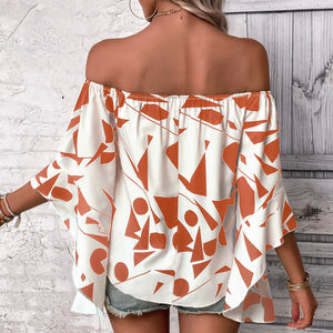 Printed Off-Shoulder Bell Sleeve Blouse-Pimamour