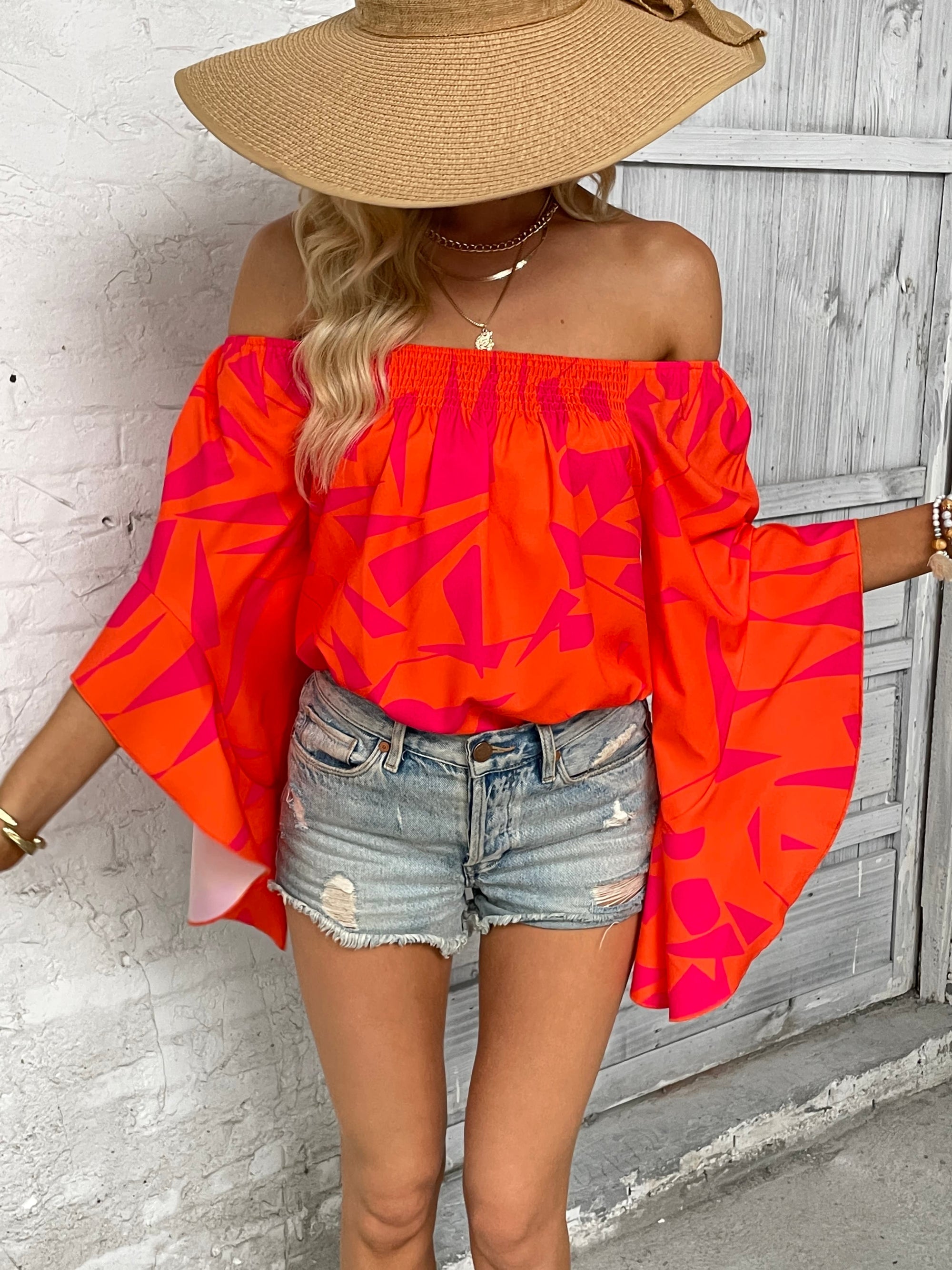 Printed Off-Shoulder Bell Sleeve Blouse-Pimamour