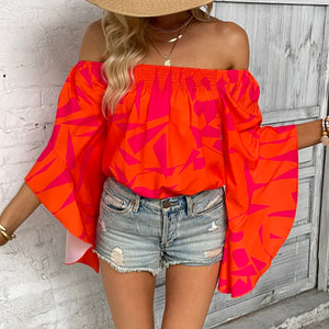 Printed Off-Shoulder Bell Sleeve Blouse-Pimamour