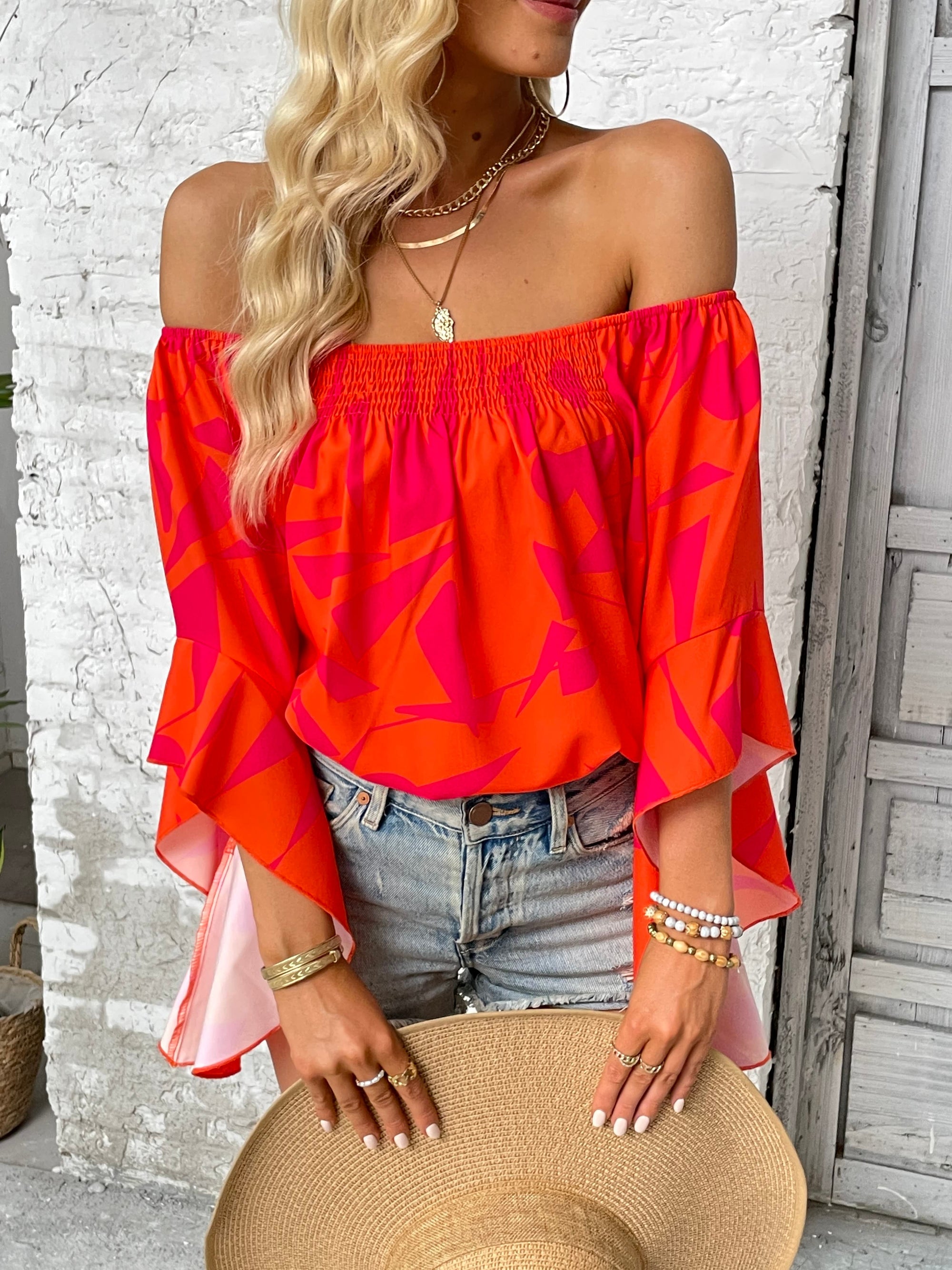 Printed Off-Shoulder Bell Sleeve Blouse-Pimamour