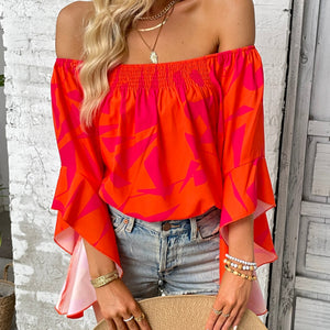 Printed Off-Shoulder Bell Sleeve Blouse-Pimamour