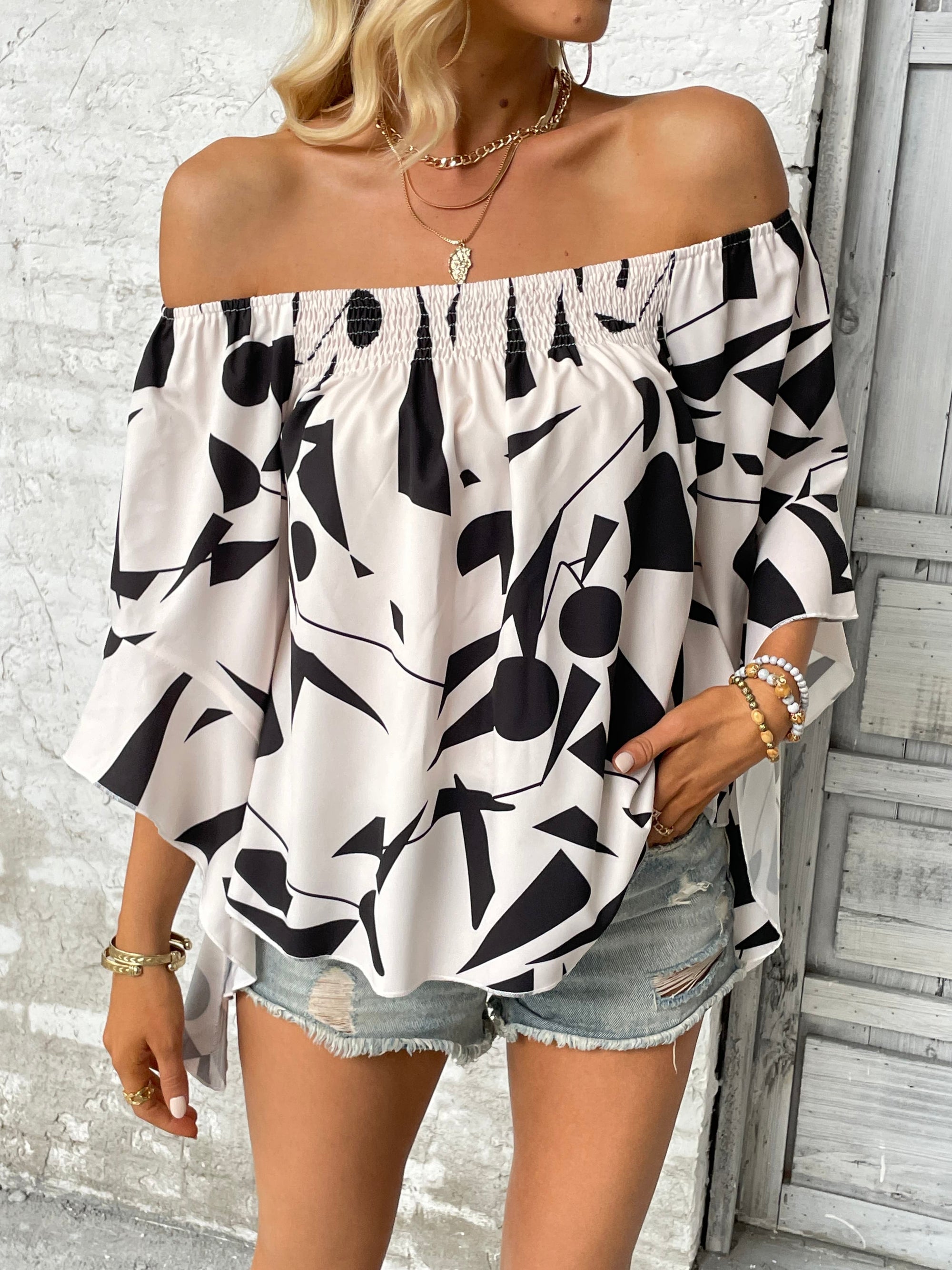 Printed Off-Shoulder Bell Sleeve Blouse-Pimamour