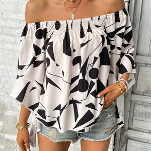 Printed Off-Shoulder Bell Sleeve Blouse-Pimamour