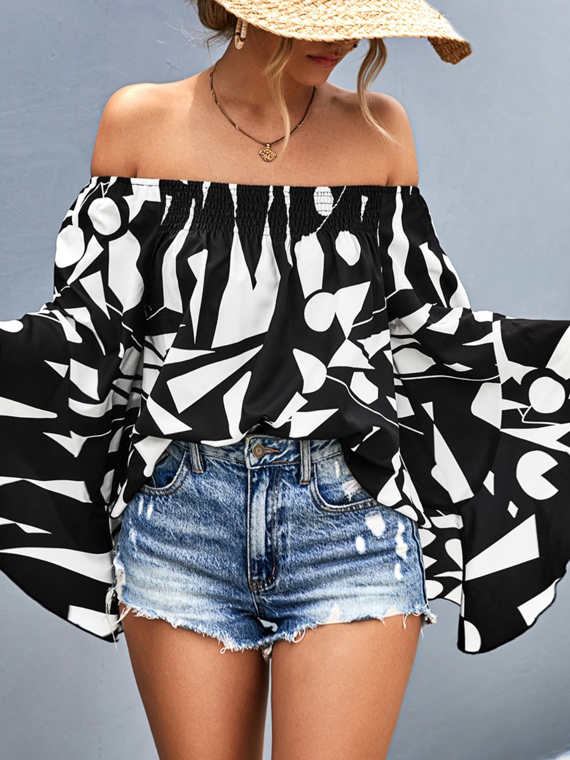 Printed Off-Shoulder Bell Sleeve Blouse-Pimamour