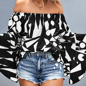 Printed Off-Shoulder Bell Sleeve Blouse-Pimamour