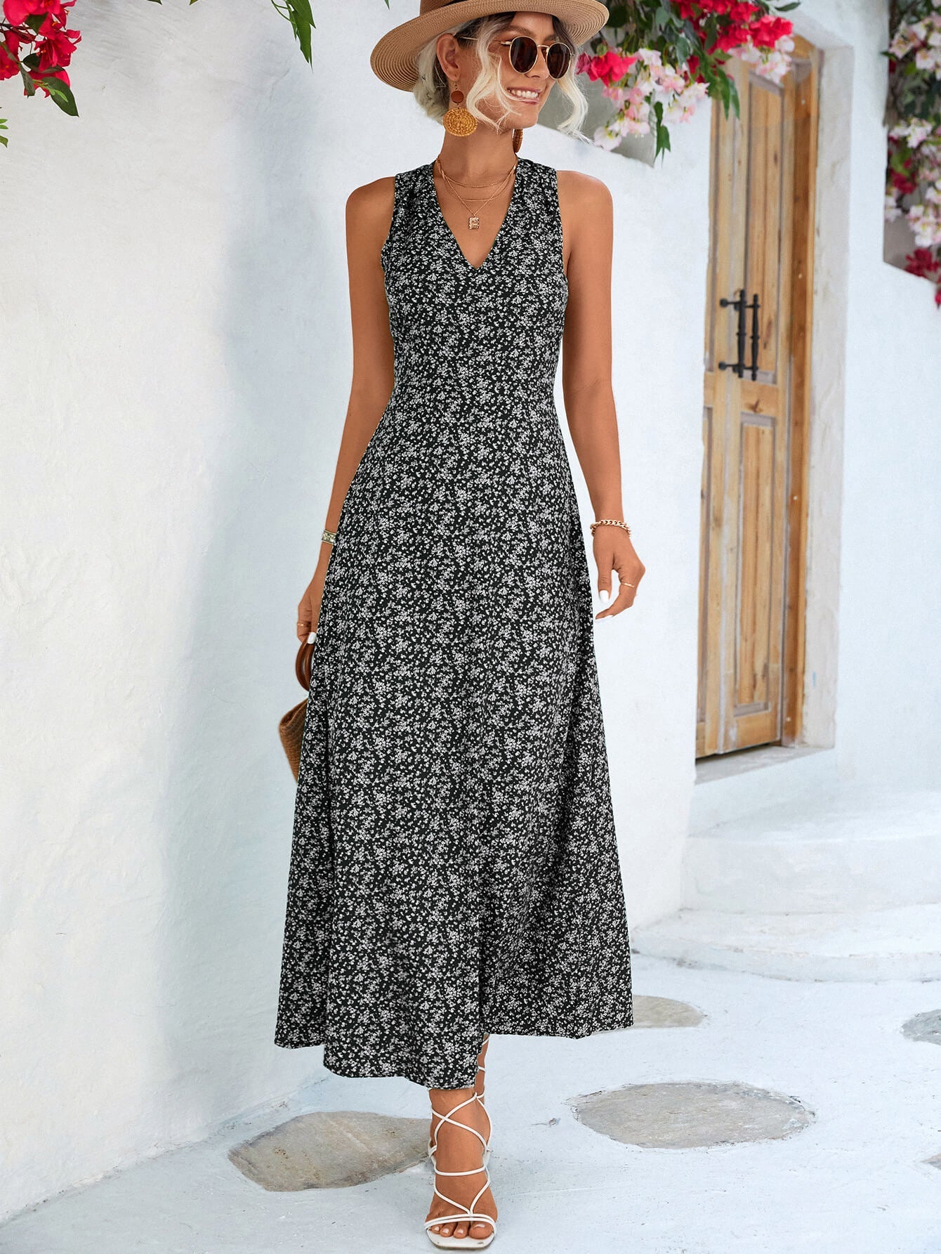 Printed Open Back Sleeveless Maxi Dress-Pimamour