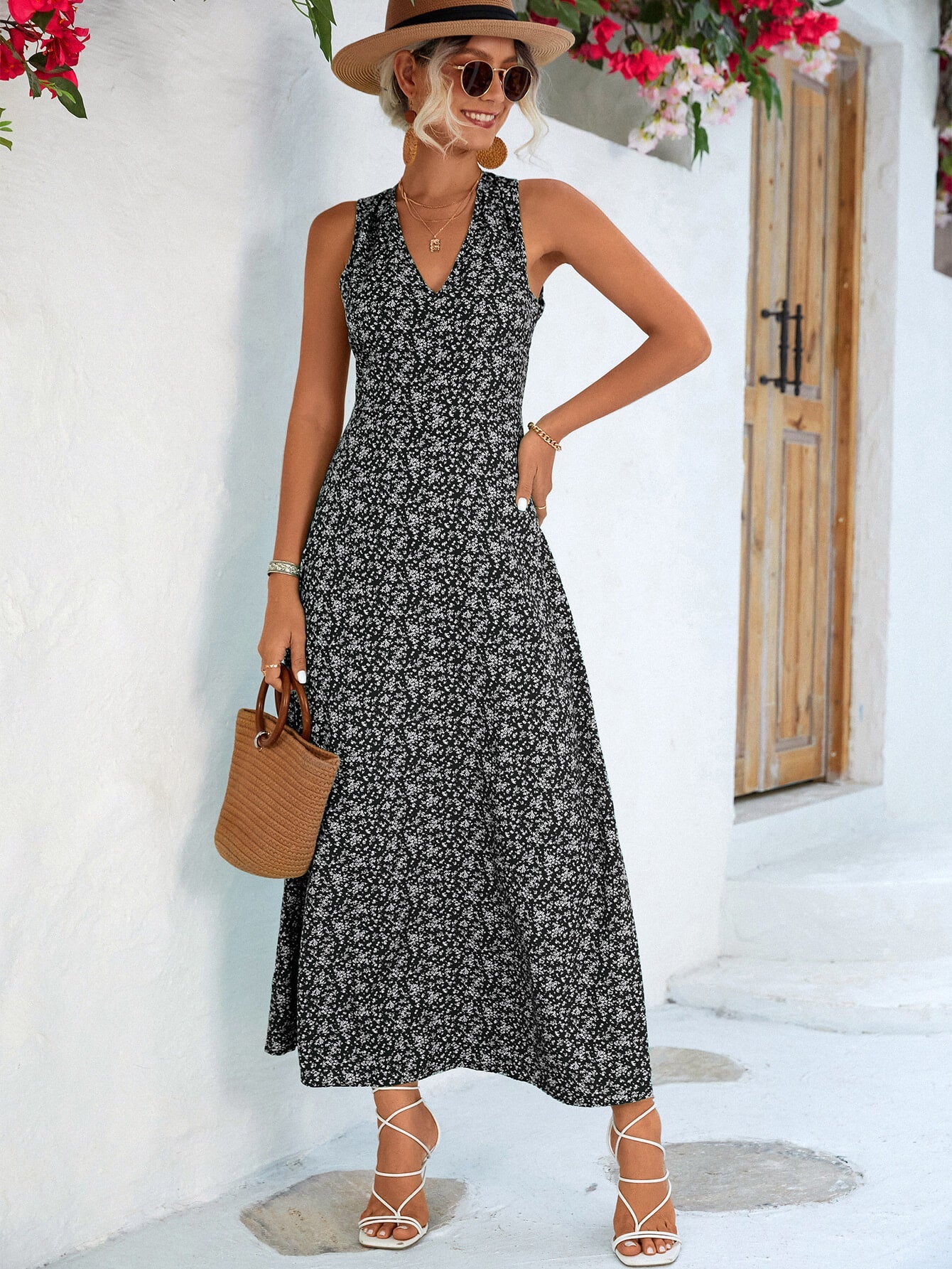 Printed Open Back Sleeveless Maxi Dress-Pimamour