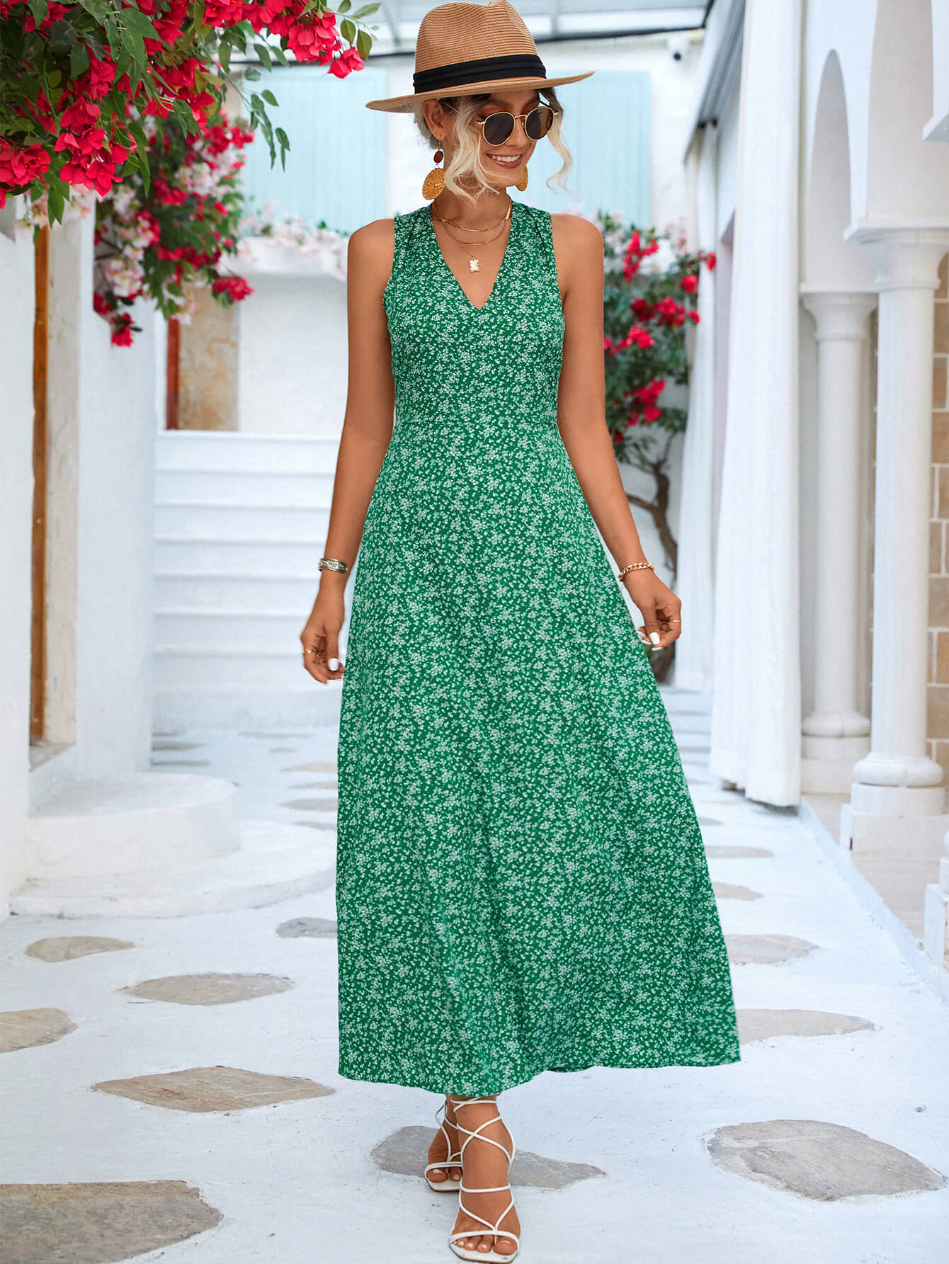 Printed Open Back Sleeveless Maxi Dress-Pimamour