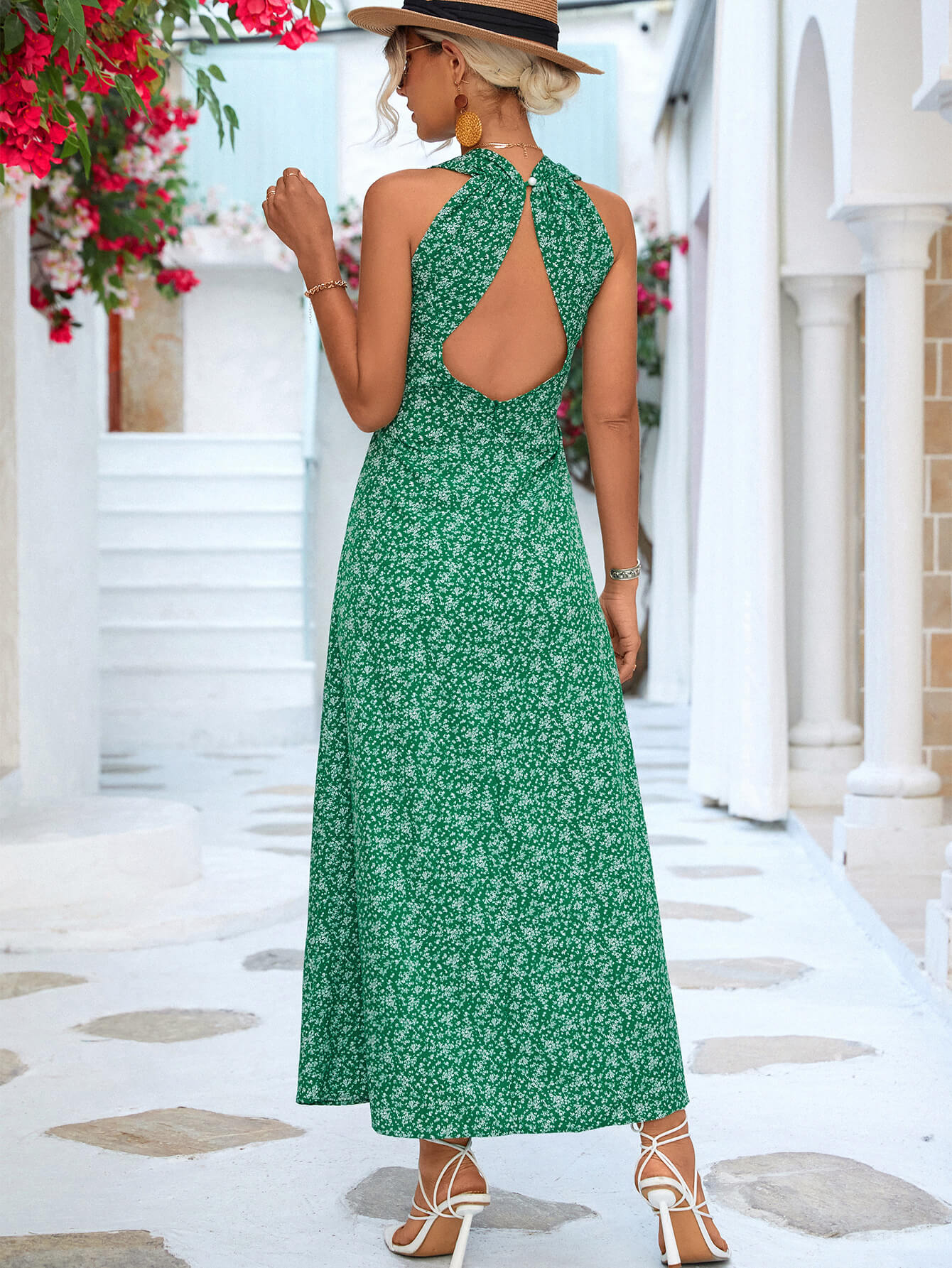 Printed Open Back Sleeveless Maxi Dress-Pimamour