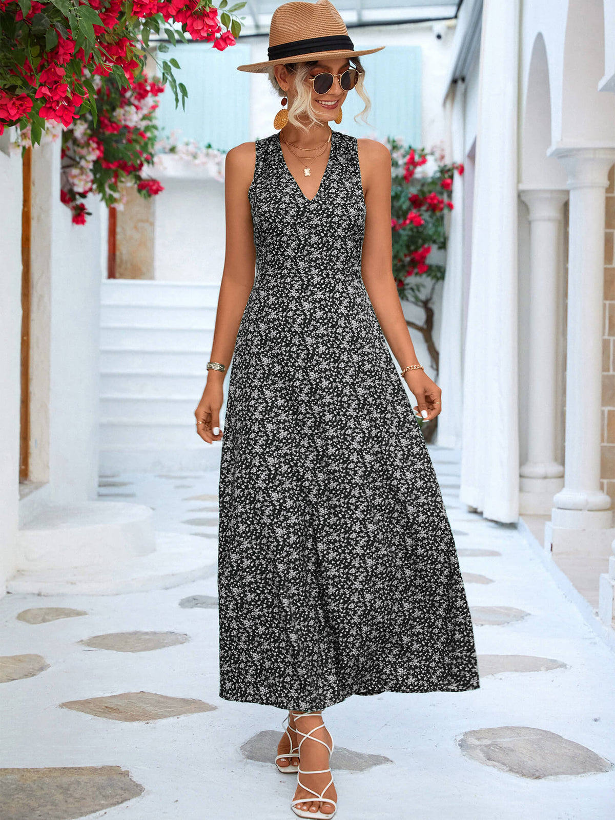 Printed Open Back Sleeveless Maxi Dress-Pimamour