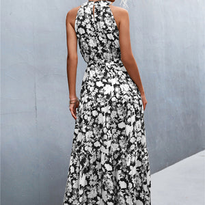 Printed Sleeveless Tie Waist Maxi Dress-Pimamour