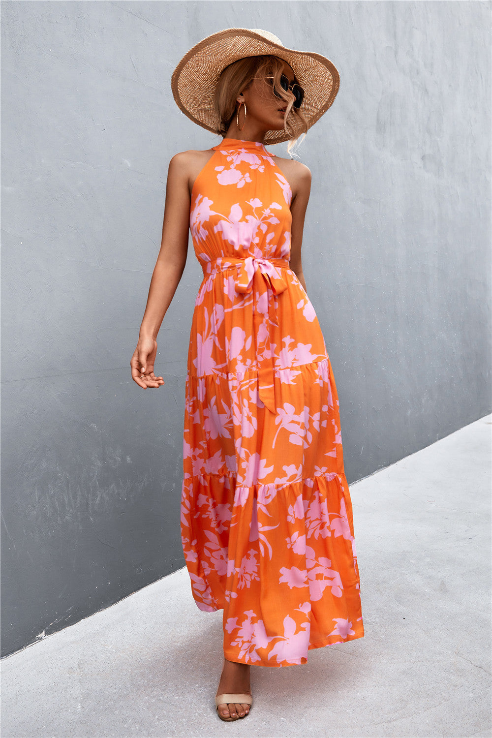 Printed Sleeveless Tie Waist Maxi Dress-Pimamour