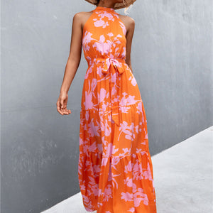 Printed Sleeveless Tie Waist Maxi Dress-Pimamour