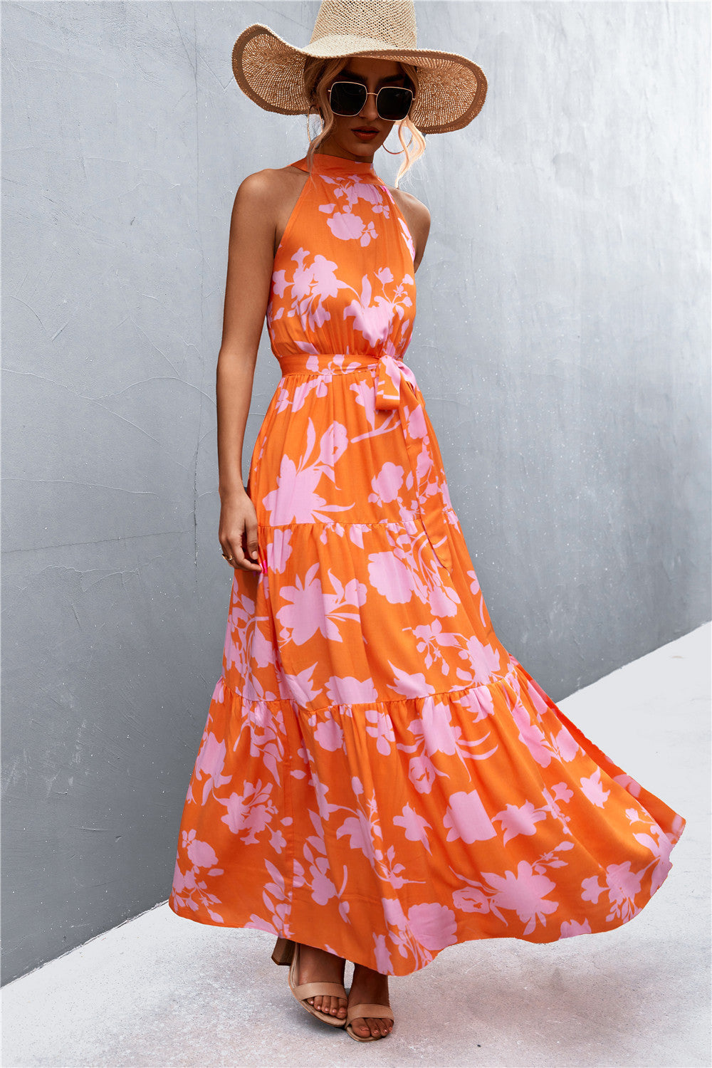 Printed Sleeveless Tie Waist Maxi Dress-Pimamour