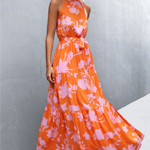 Printed Sleeveless Tie Waist Maxi Dress-Pimamour