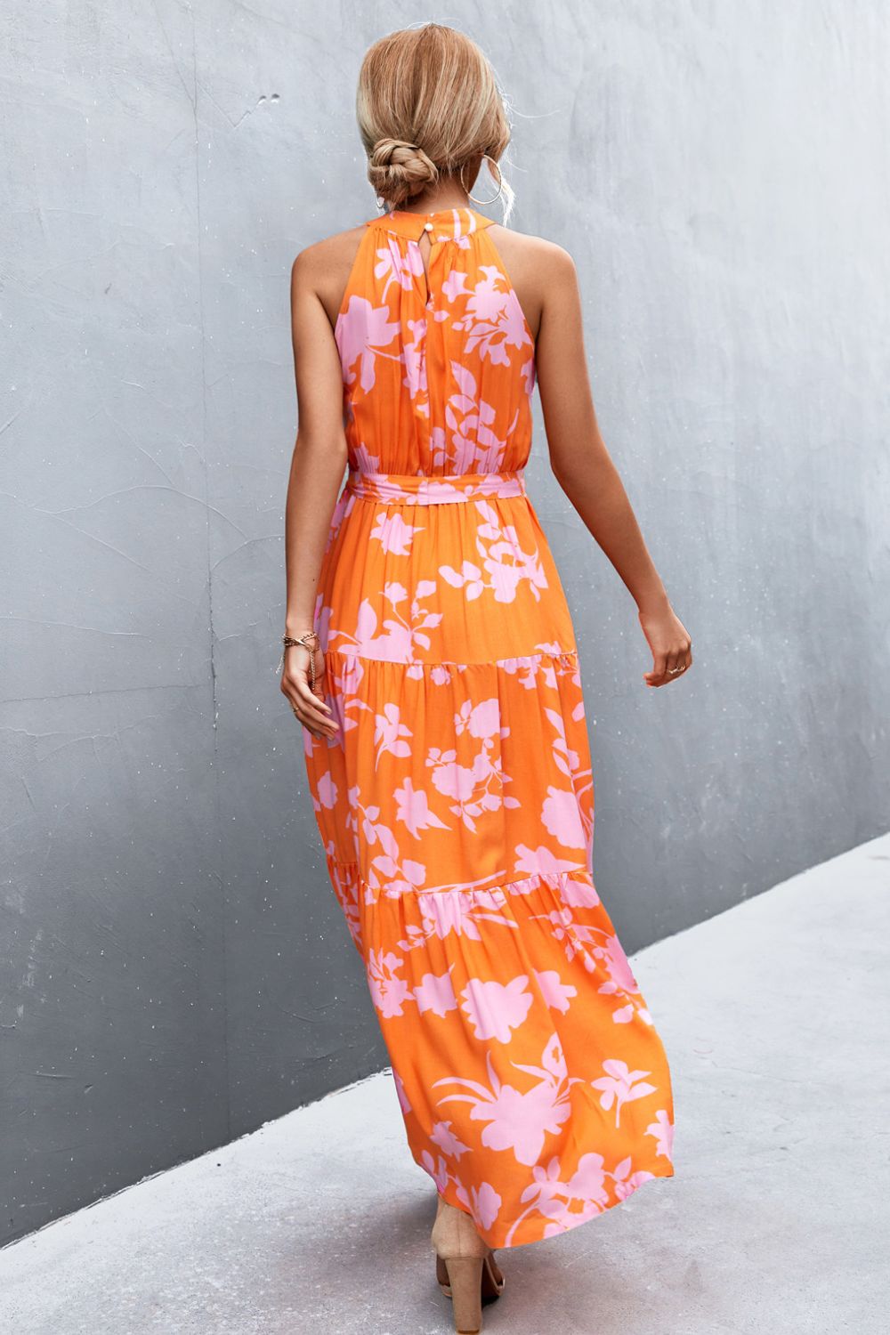 Printed Sleeveless Tie Waist Maxi Dress-Pimamour