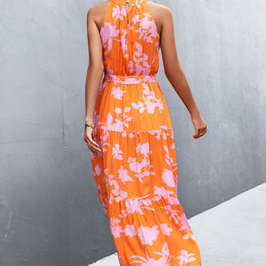 Printed Sleeveless Tie Waist Maxi Dress-Pimamour