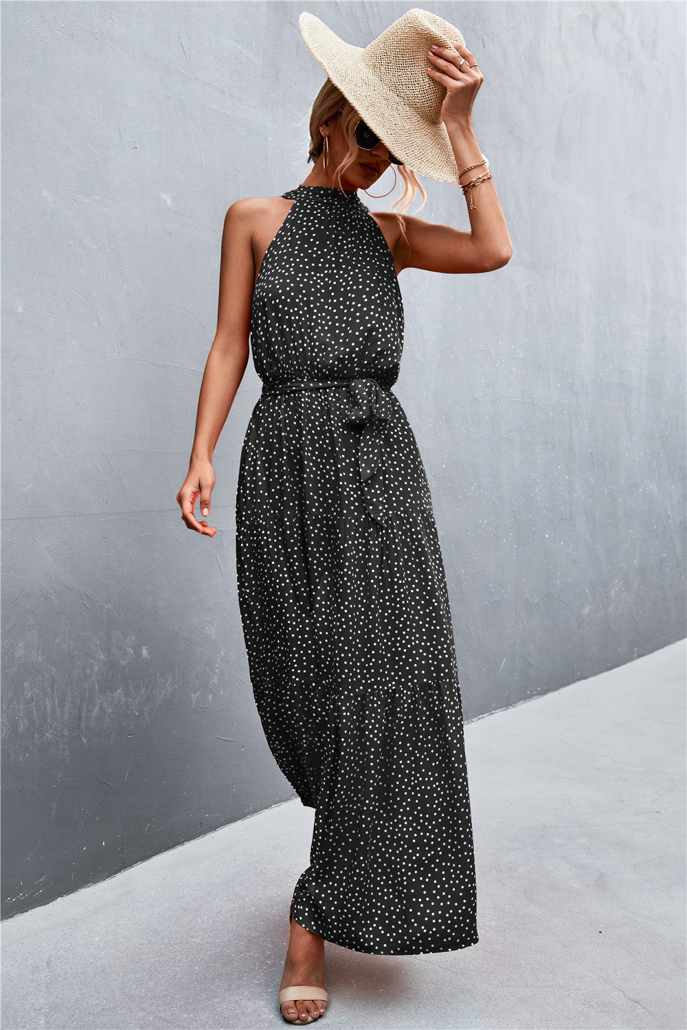 Printed Sleeveless Tie Waist Maxi Dress-Pimamour