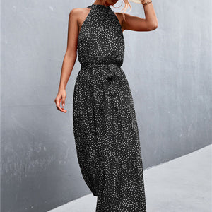 Printed Sleeveless Tie Waist Maxi Dress-Pimamour