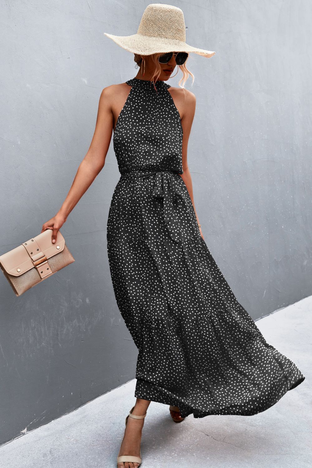 Printed Sleeveless Tie Waist Maxi Dress-Pimamour