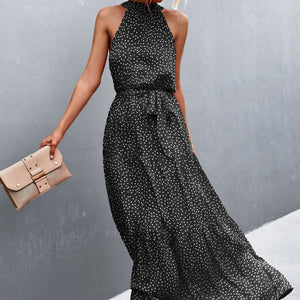 Printed Sleeveless Tie Waist Maxi Dress-Pimamour