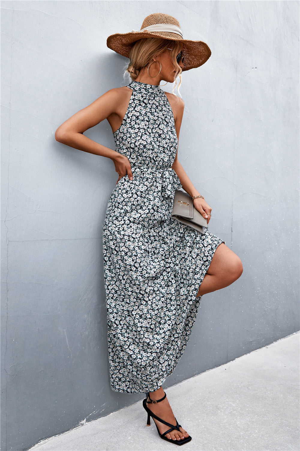 Printed Sleeveless Tie Waist Maxi Dress-Pimamour