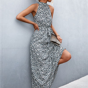 Printed Sleeveless Tie Waist Maxi Dress-Pimamour