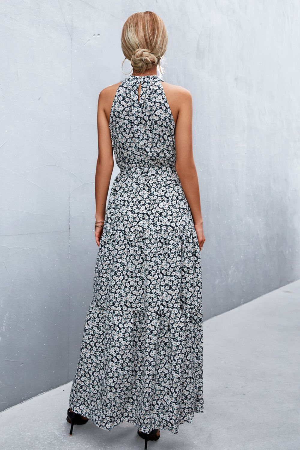 Printed Sleeveless Tie Waist Maxi Dress-Pimamour