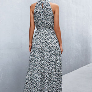 Printed Sleeveless Tie Waist Maxi Dress-Pimamour