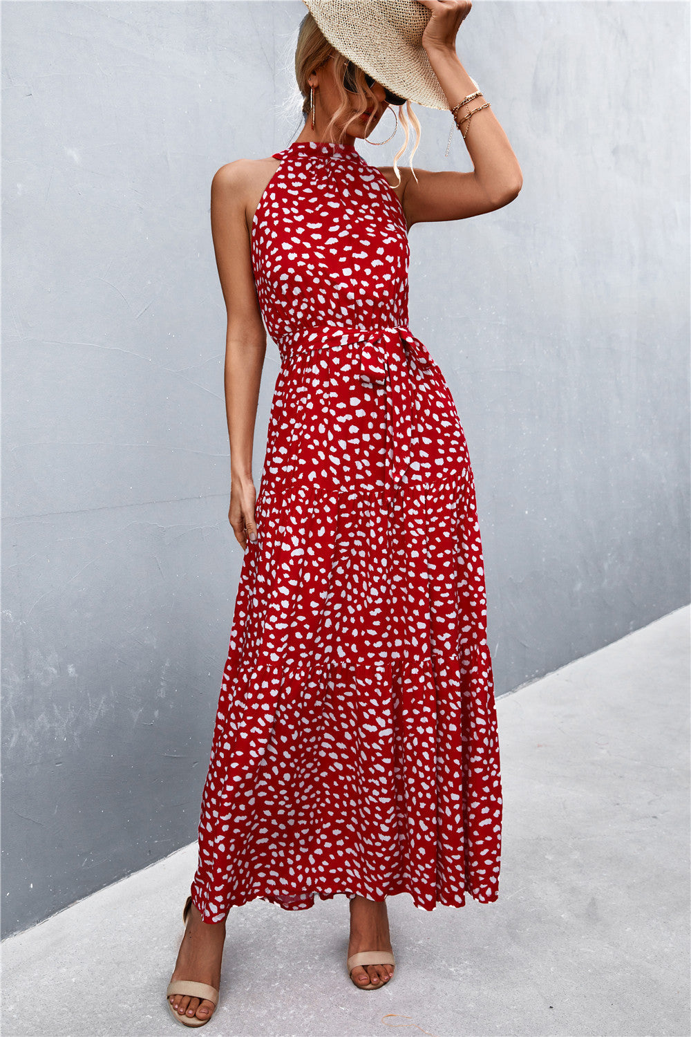 Printed Sleeveless Tie Waist Maxi Dress-Pimamour