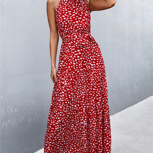 Printed Sleeveless Tie Waist Maxi Dress-Pimamour