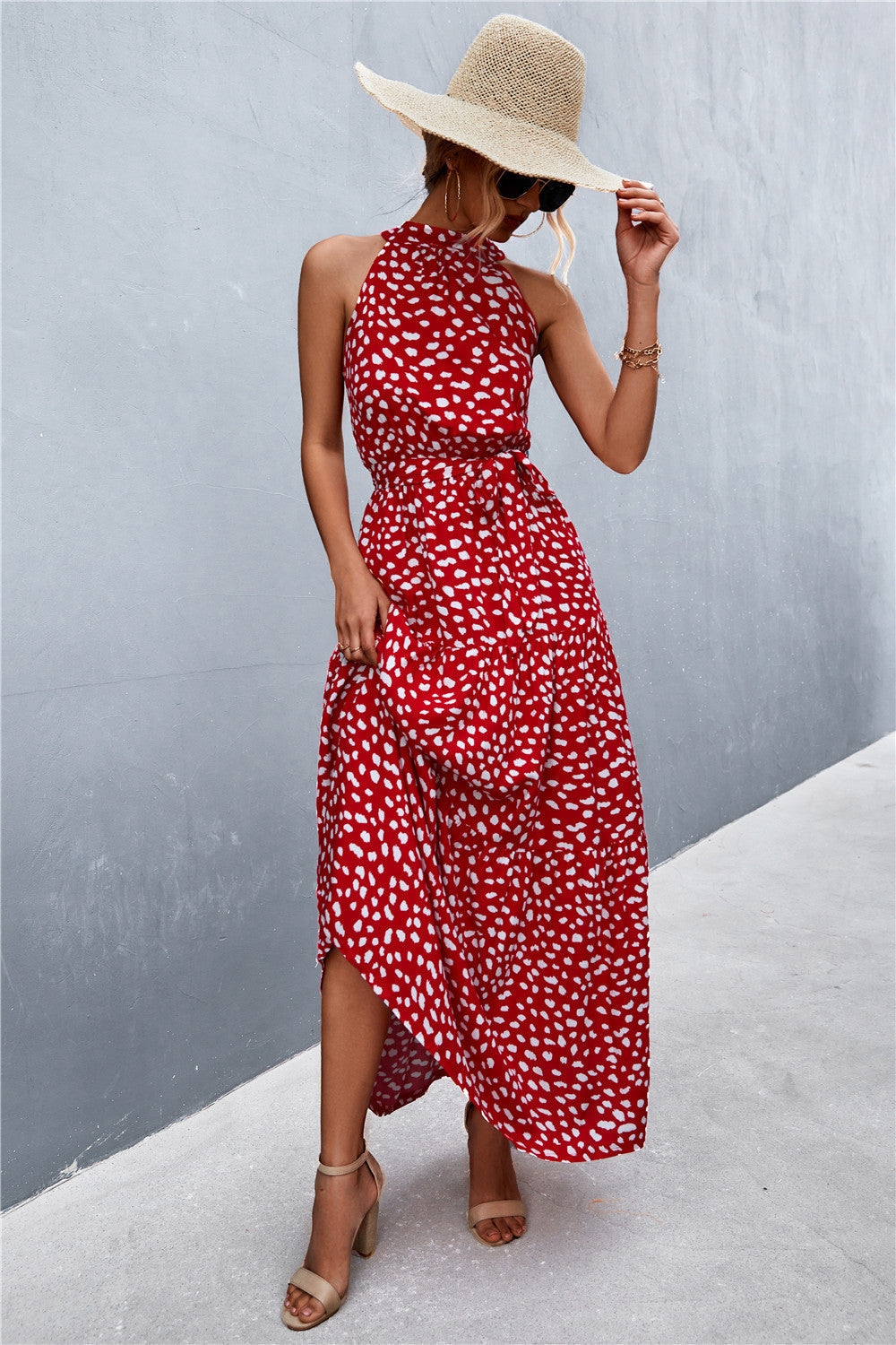 Printed Sleeveless Tie Waist Maxi Dress-Pimamour